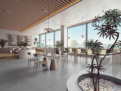 现代咖啡厅 现代咖啡馆 卡座 绿植盆栽 小吊灯 吧椅