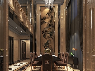 欧式轻奢别墅餐厅 挑空餐厅 挑高餐厅 长桌餐厅 大理石背景墙 大理石护墙板
