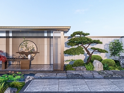 新中式中式别墅庭院 新中式禅意庭院 新中式别墅庭院 青石板老石板庭院 小型庭院亭子 宝瓶门跌水聚宝盆