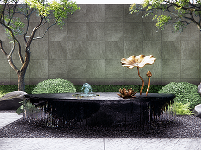 新中式现代庭院小品 水景小品 流水中国黑景石 涌泉水景 荷叶莲花雕塑 石舟