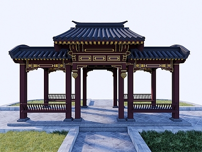 中式新中式古建筑 风雨廊 垂花门 美人靠 古建连廊