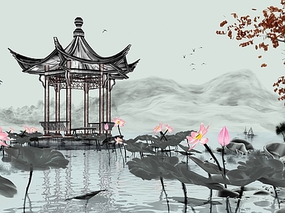 新中式其他景观 新中式水墨凉亭景 公园山水景观 水墨荷花水墨竹子 水墨山飞鸟船 水墨石水草