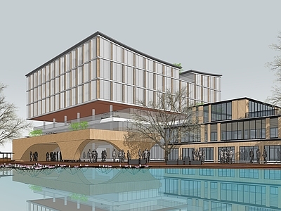 现代新中式学校建筑 学校湖景 图书馆 艺术中心