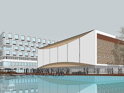 现代新中式学校建筑 学校湖景 食堂 宿舍