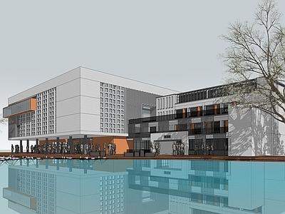 现代学校建筑 学校湖景 教学楼学校 综合楼 行政