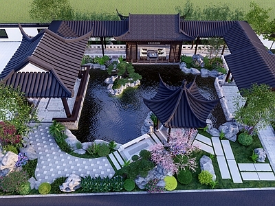 中式新中式别墅庭院 苏式庭院六角亭 水榭 小桥 铺装 廊道
