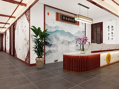 新中式教室 中式书院前台 书法室 书法走廊