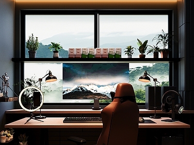 现代简约影音室 电竞房 手办 暗黑系 电脑桌 绿植