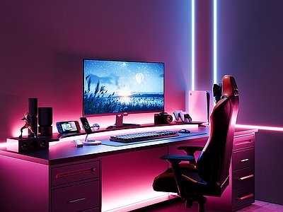 现代轻奢影音室 电竞房 地下室 电脑桌 音响 游戏机