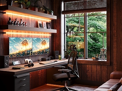 侘寂原木影音室 地下室 电竞房 绿植 电脑桌 游戏厅