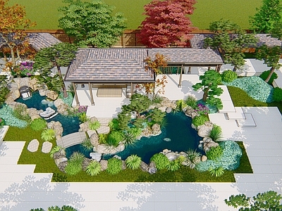 新中式别墅庭院 花园 庭院 溪流 连廊