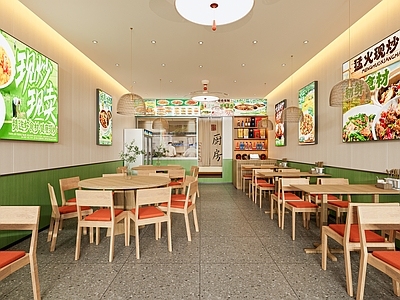 现代原木快餐店 小吃快餐店明档 江西小炒 绿色有机 发光灯吊扇