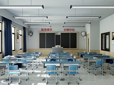 现代极简教室 普通教室 多媒体教室 现代学校教室 课桌椅黑板讲台 复古教室