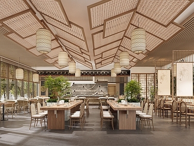 新中式现代茶馆 竹编主题餐厅建瓯 古建剪影竹林餐厅 老年青年自助餐厅 竹编灯吊顶 中式竹编隔断