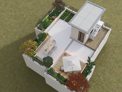 现代屋顶花园 露台花园 屋顶花园 遮阳伞 茶几 户外家具