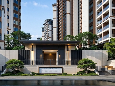 现代新中式小区建筑 龙光江南大境 中式高层 中式别墅 中式小区大门