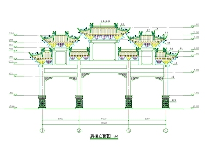 仿古建筑 中式古建四柱七楼 中式仿古四柱七楼 中式广场四柱七楼 牌坊 古建大门 施工图