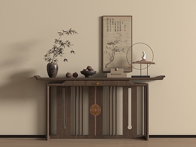 新中式条案 新中式条案 端景柜 吊灯 装饰画 饰品摆