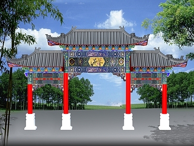中式复古古建 中式古建四柱三楼 中式仿古四柱三楼 中式寺庙四柱三楼