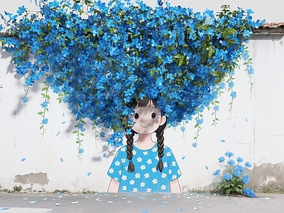 现代新中式围墙 网红打卡墙 少女墙绘 花朵围墙 植物花卉 藤爬植物花朵