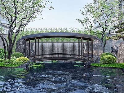 新中式中式景观桥 新中式廊桥 拱桥 水景 景墙跌水