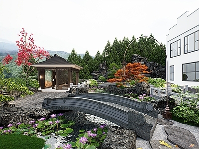 新中式中式别墅庭院 凉亭 新中式假山鱼池庭 假山 鱼池