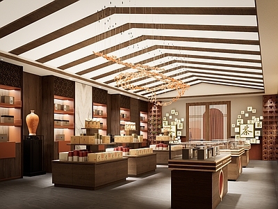 新中式中式茶餐厅 闽南红砖隔断桥 闽南茶叶展销区 闽南鲤鱼吊灯 铁观音大红袍展台 闽南建筑斜屋顶