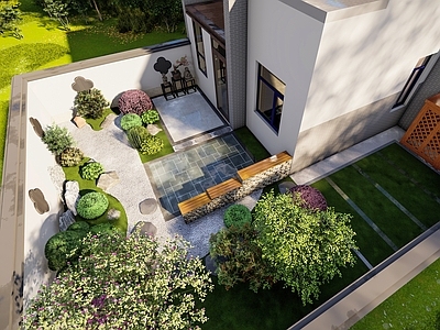现代别墅庭院 现代极简庭院 罗马拼铺装 雪浪石 汀步