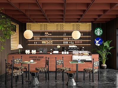 现代咖啡厅 咖啡厅收银台 咖啡机 水吧台 咖啡桌椅组合 厨房用品组合