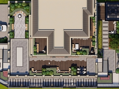 现代新中式别墅庭院 现代别墅庭院 现代花园庭院