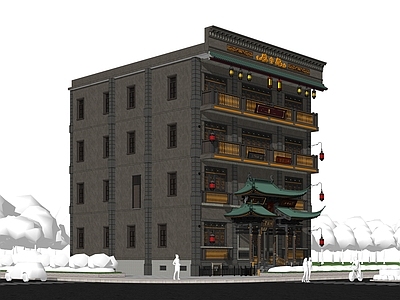 中式复古餐饮建筑 民国风 中式建筑 雕花门窗
