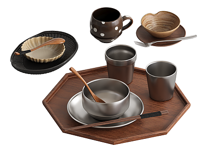 厨房用品 复古不锈钢碗筷 粗陶单边卷口碗 碗茶点碗米饭碗 不锈钢茶杯冷饮杯 陶瓷餐具摆台勺子