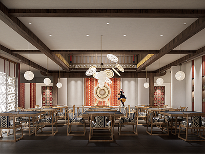 新中式中式中餐厅 中餐厅明档 广西壮族餐厅 铜鼓装饰吊灯 非遗民族壮锦 餐厅舞台