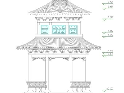 仿古建筑 中式古建重檐园亭 中式仿古重檐园亭 中式寺庙园亭 施工图