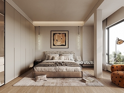 现代意式家居卧室 主卧 次卧 老人房 卧室飘窗 飘窗柜