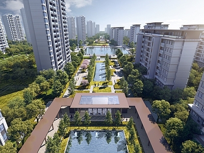 新中式小区建筑 景观 主轴景观