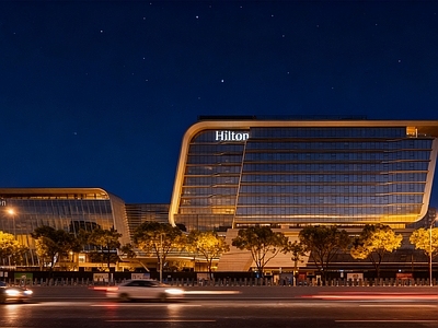 现代街道外景 都市夜晚街道外景 希尔顿酒店外景