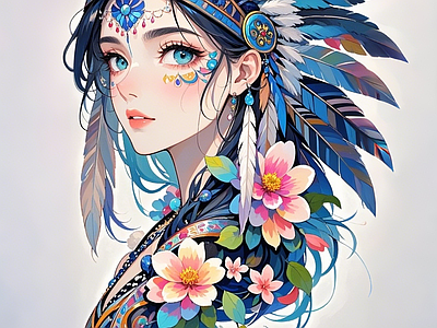 现代新中式挂件 印第安少女 羽毛 羽毛头饰 印第安女人 花女人