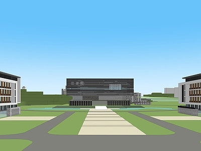 新中式学校建筑 学校湖景 教学楼学校 新中式建筑 学校操场