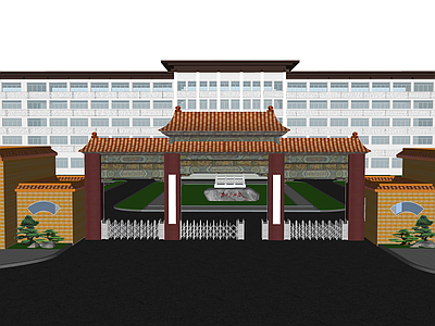 现代新中式办公园区景观 单位小院 庭院 中式大门 入口 车棚