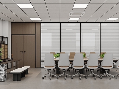 现代会议室 综合活动室 集成吊顶 玻璃百叶隔断 现代茶水柜