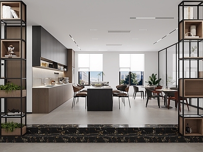 现代茶水间 休闲区 茶水柜 岛台 休闲桌椅 屏风柜