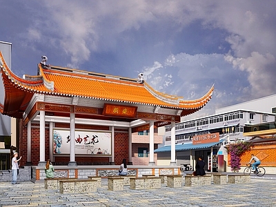 新中式现代古建筑 闽南社区戏台 闽南红砖墙表演 城中村社区改造 集美大社港头更新 民众聚集地