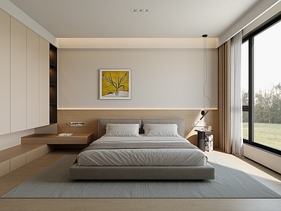 简约现代家居卧室 次卧 原木 极简 衣柜 软床