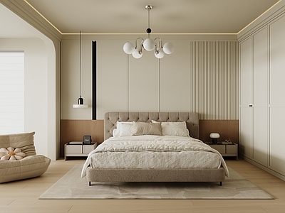 中古奶油家居卧室 法师奶油风卧室 中古风卧室 奶油风卧室 背景墙地板衣柜 吊顶沙发床灯