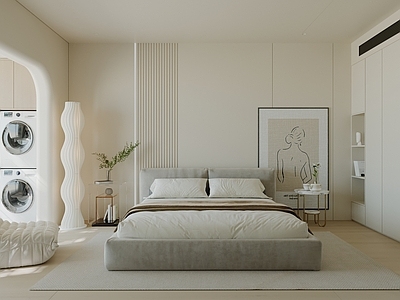 现代极简家居卧室 现代奶油风卧室 现代简约原木卧室 现代极简卧室 背景墙床衣柜 洗衣机柜地板吊顶