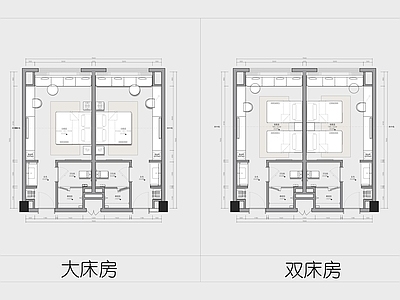 酒店客房 酒店客房平面 大床房平面设计 双床房 连锁酒店客房 民宿客房 施工图