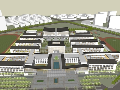 新中式学校建筑 中小学 教学楼学校 学校操场