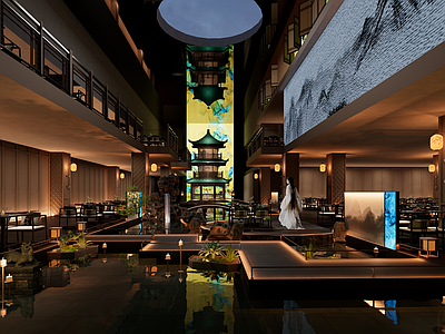 新中式中式中餐厅 中式餐厅 散厅 新中式空间 新中式餐厅 水景
