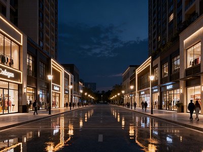 现代街道外景 商业街外景 道路 街道夜景